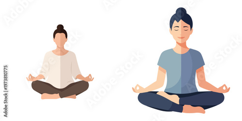 Flat minimalist vector of a person sitting in a lotus position, calm and serene, surrounded by a simple glow, no outlines, white background.