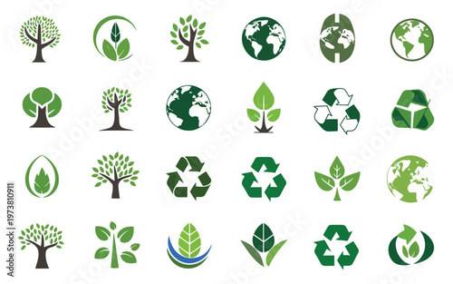 Collection of environmental and sustainability icons featuring trees, recycling, and earth symbols Vector