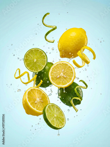 Fresh lemons and limes with water splashes falling on light blue background