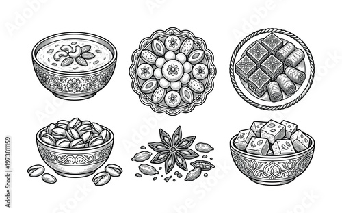 A vintage hand-drawn set of Oriental sweets, nuts, and spices. Engraving style illustrations for menus, packaging, or cultural food designs. Includes baklava and pistachios.