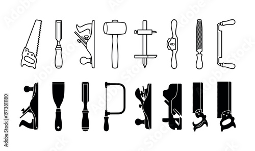 A set of carpentry tools for woodworking. Includes line art icons and solid black silhouettes. Perfect for logos, infographics, websites, and DIY or workshop themes.