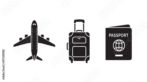 Vector Illustration Of Airplane, Luggage, And Passport For Travel Concept Isolated On Transparent Background