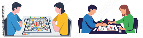 A simple flat vector design depicting two people at a table playing a complex board game with numerous components, no linework, against a clean white background.