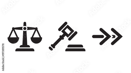 Vector Illustration Of Justice Scale, Gavel And Right Arrow For Law And Legal Concept Isolated On Transparent Background