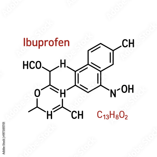 A detailed molecular structure illustration of Ibuprofen, a common pain relief medication, in a flat vector graphic design