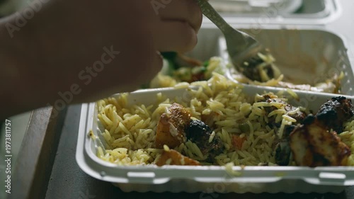 Man eating a takeaway meal of rice and kebab at home