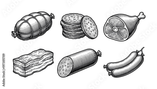 Set of meat products: ham, bacon, salami, sausages. Vintage vector illustration in engraving style. Perfect for butcher shop menus, restaurant branding, or food packaging.