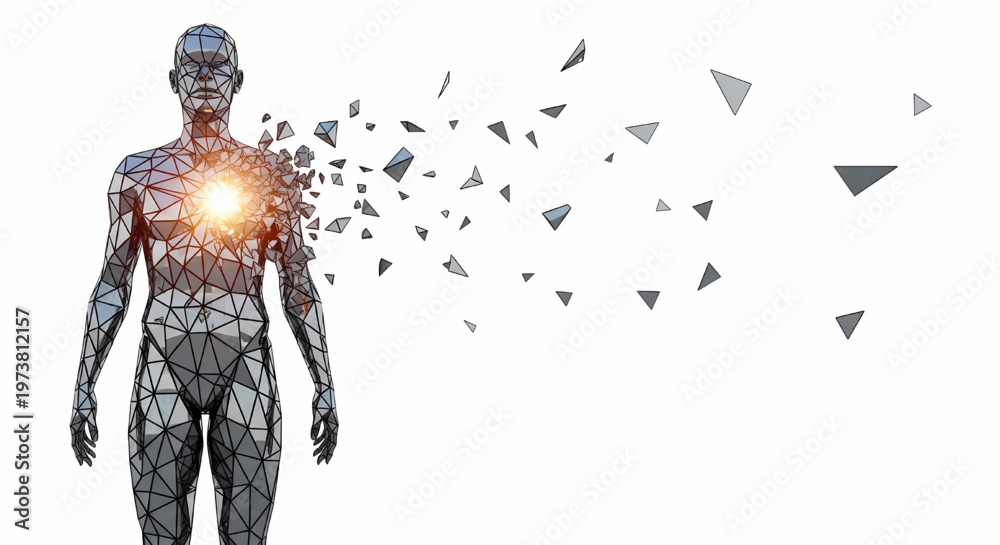 Obraz premium Human figure with glowing heart center disintegrating into geometric pieces on white its illustration only