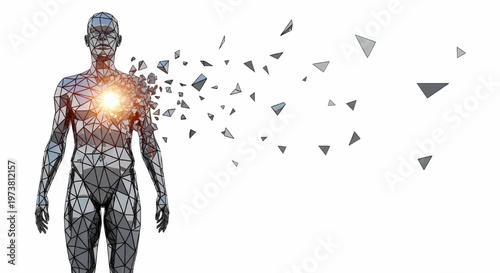 Human figure with glowing heart center disintegrating into geometric pieces on white its illustration only