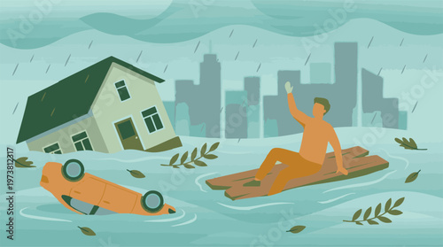 Man on raft in floodwaters near submerged house and car during heavy rain