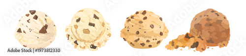 Tasty cartoon chocolate, cookie dough ice cream scoop with chocolate chip. Vector hand drawn dessert icon illustration isolated on White background.