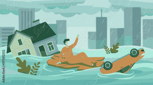 City inundated by floodwaters during heavy rain, man on raft seeks rescue
