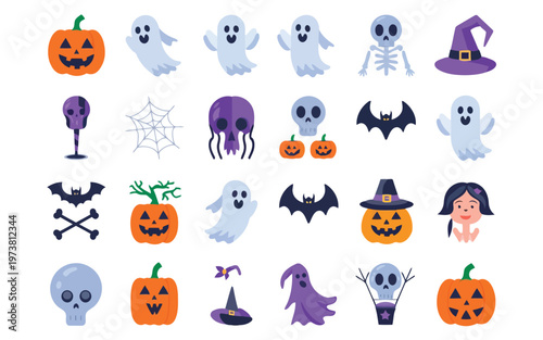 Halloween-themed icons featuring classic spooky and festive symbols arranged in a grid Vector