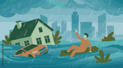 Flood disaster with submerged house, car, and man on raft in heavy rain