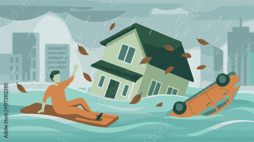 Man on raft in urban flood, submerged house, overturned car, heavy rain