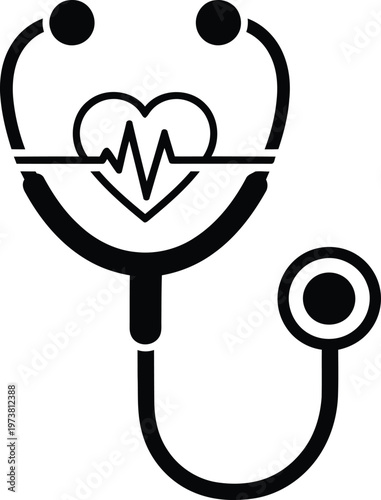 Black and white stethoscope icon with a heart and electrocardiogram pulse line inside. Vector