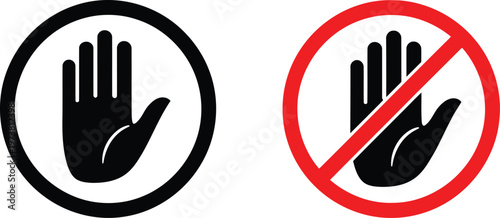 Black and red stop hand icons in circles representing forbidden and restricted access areas. Vector