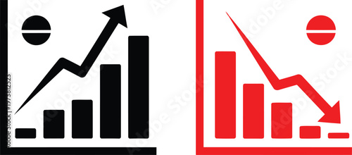 Comparison of business growth and decline represented by black and red bar charts with arrows Vector
