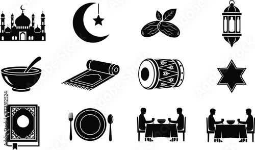 Ramadan silhouette icons, mosque, crescent moon, lantern, prayer rug, Quran, fasting plate, communal meal, Islamic culture, tradition, spirituality, celebration design