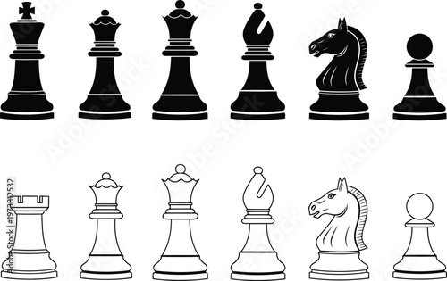 Set of black and white chess piece icons including king queen rook bishop knight and pawn Vector