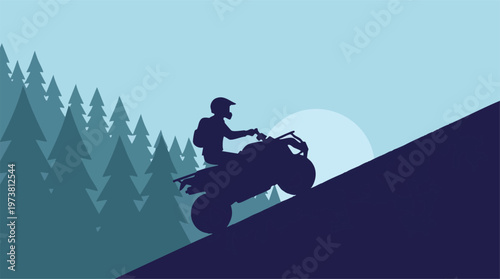 ATV rider ascending a steep hill in a minimalist forest landscape at sunset