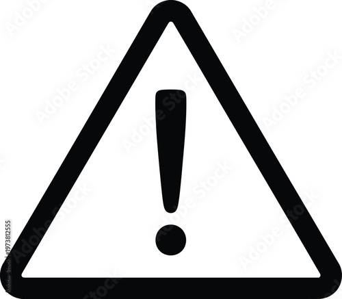 Black and white warning sign icon with an exclamation mark inside a triangle for alert. Vector
