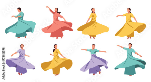 Set of whirling dervish dancers in motion, graceful Islamic spiritual dance in traditional flowing robes