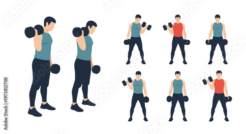 Series of fitness illustrations showing a person performing dumbbell exercises for different muscle groups including shoulders, biceps, and legs
