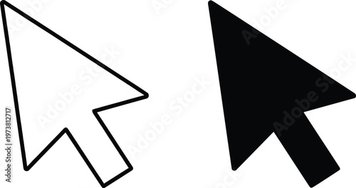 Black and white mouse cursor arrow icons isolated on a white background for digital interfaces. Vector