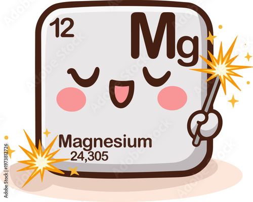 Cute kawaii flat vector illustration of magnesium chemical element from the periodic table with symbol Mg and atomic number 12. Funny character with sparks representing magnesium reaction and burning 