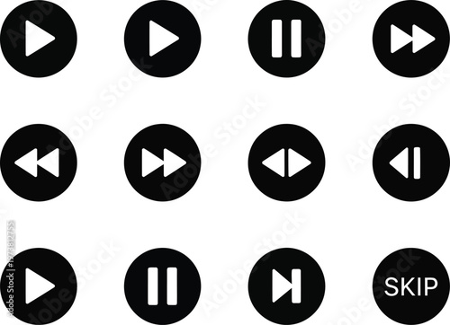 Set of black media player control icons including play, pause, skip, and rewind on white background. Vector