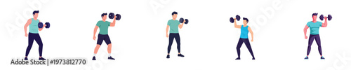 Fitness illustration of a man performing bicep curls with dumbbells in five different stages of the exercise