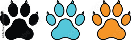 A set of three colorful paw print icons with claws in black turquoise and orange colors Vector