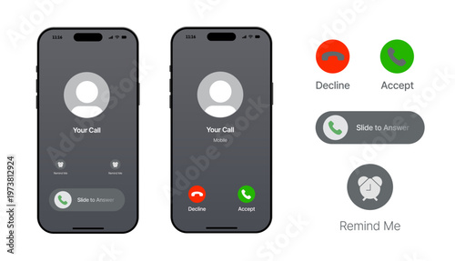 Phone Call Screen Concept UI Set with Realistic Blurry Background. Incoming Call Screen Template