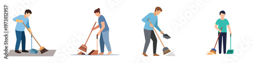 Illustrations of people sweeping floors with brooms and dustpans, showcasing domestic cleaning tasks