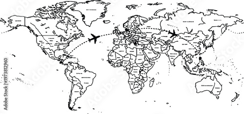 A detailed black and white outline of the world map featuring dotted travel paths and airplanes