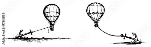 Foto Conceptual black and white illustration of a hot air balloon held back by a heav