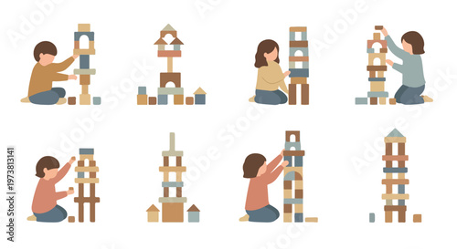 Children building tall towers with wooden blocks, illustrating creativity and early development skills