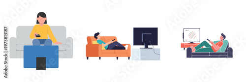 People relaxing on sofas watching television, playing video games and using tablets at home