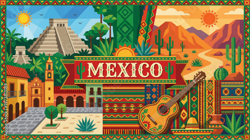 Colorful Mexican landscape illustration with ancient pyramid, desert scenery and traditional cultural elements
