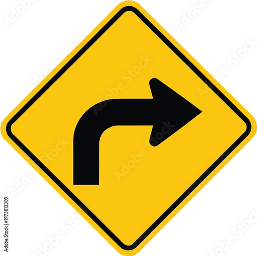 Yellow road sign indicating a right turn followed by a straight direction ahead Vector