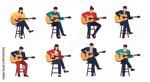 Collection of diverse people playing acoustic guitars while sitting on stools against a white background