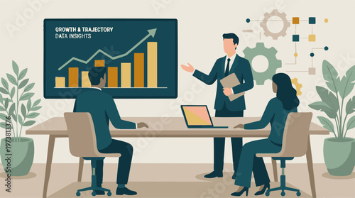 Business team analyzing growth data and trajectory insights in a meeting