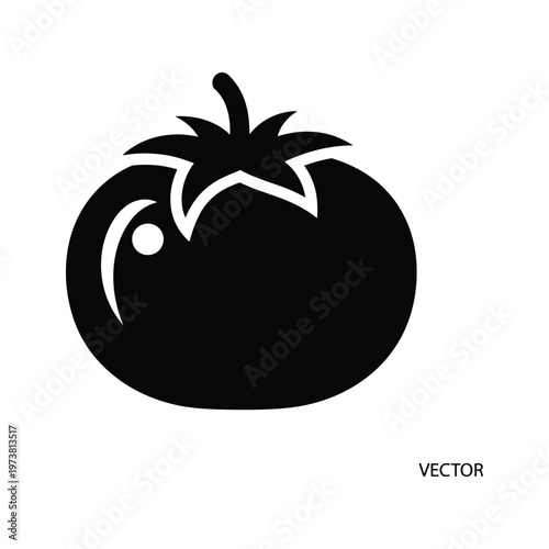 A whimsical black and white vector illustration of a tomato with a smiling face