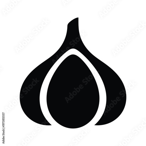 A black and white silhouette of a garlic bulb with separated cloves