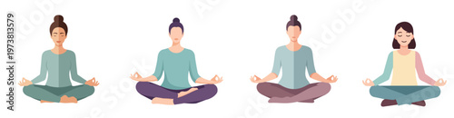A collection of diverse women demonstrating various seated meditation postures, promoting mindfulness, relaxation, and inner peace for a balanced and healthy lifestyle