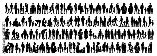 Family silhouettes mega set featuring parents and children in various daily activities and poses in black vector style