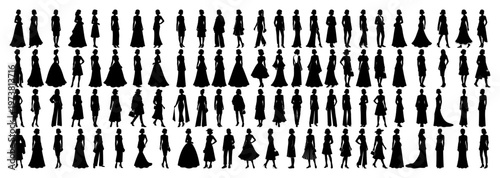 Women silhouettes wearing elegant fashion dresses and formal business clothing in vector style