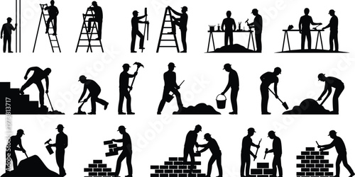 Construction silhouettes, worker figures, building site, manual labor, teamwork illustration, hammer icon, shovel digging, ladder climbing, brick laying, bucket carrying, wheelbarrow design