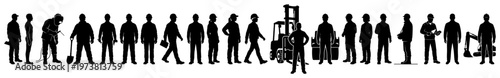 Construction workers and industrial laborers wearing safety equipment and using professional tools in vector silhouette style